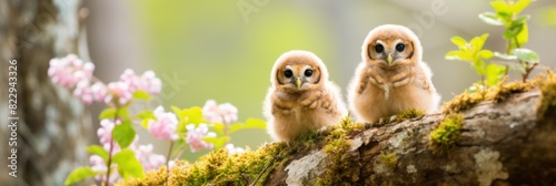 Cute owlets sitting on branch, outdoor spring nature background, wide panoramic banner. photo