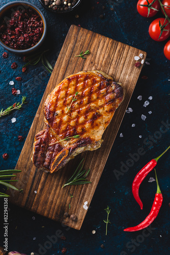 Grilled steak on a serving board