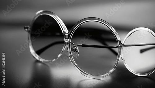 Eyeglass ooking for ultra thin glass circle, black white photo, minimalist style