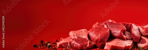 Fresh meat slices on red background, wide horizontal panoramic banner with copy space, or web site header with empty area for text.