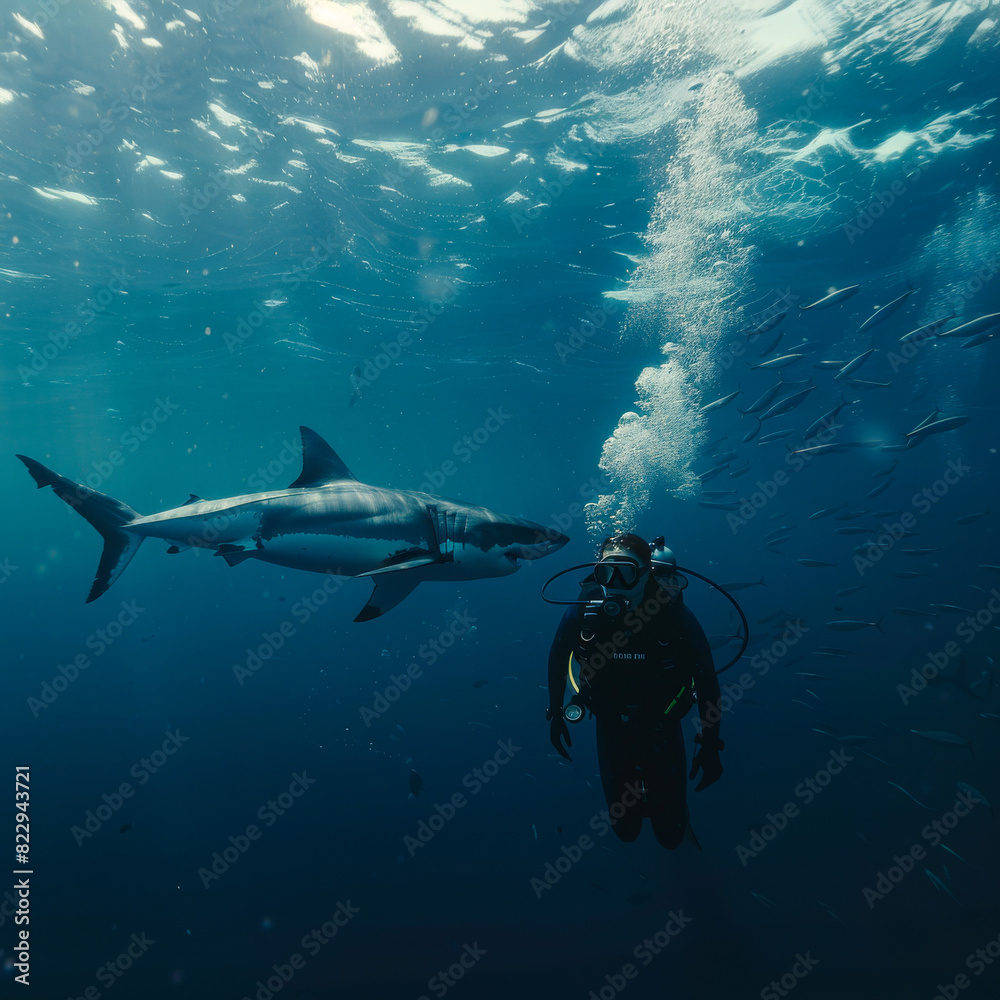 Fototapeta premium Underwater Adventure: Diver with Great White Shark 