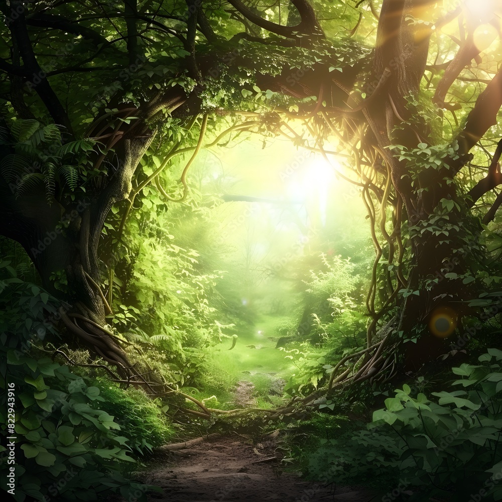 Fototapeta premium Enchanted Forest with Sunlit Portal Doorway