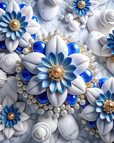 3d wallpaper white jewelry flowers with blue diamo
