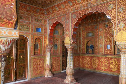 The intricate design and dtailed architecture of Junagarh fort interiors , Bikaner, Rajasthan, India photo