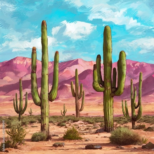 saguaro cactus in state and Desert landscape with cacti