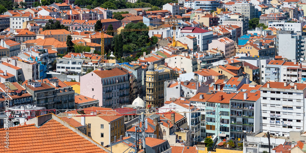 Aerial view of Lisbon cityscape, budlings with red roofs in Portugal