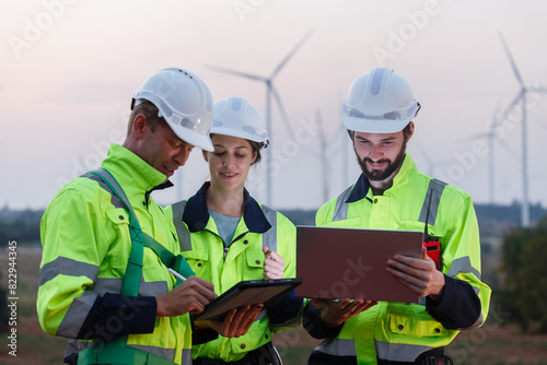 Team engineer wearing safety uniform holding laptop discussed plan about renewable energy at station energy power wind. technology protect environment reduce global warming problems.