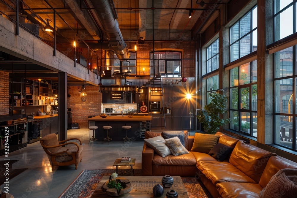 A modern industrial home featuring exposed brick walls and steel beams in an open-plan living area during the morning