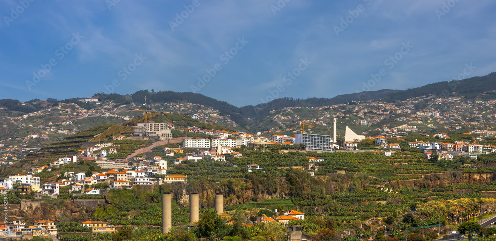 Panoramic view of Scenic Funchal city suburbs during sunny day in Madeira Island, Portugal.