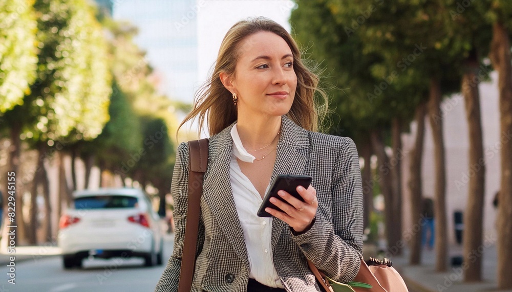 Front view of a businesswoman walking and using a smart phone on a city street Front view of a businesswoman walking and using a smart phone on a city street