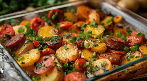 Baked potato, sausage, tomato and herbs dish close-up photo