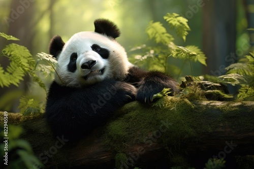 Panda lounges comfortably on a moss-covered log in a lush green forest environment © kardaska