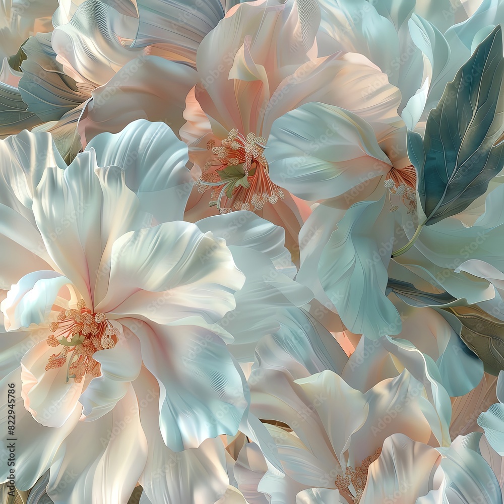 Artistic floral visualization with large blossoms and pastel shades, combining delicate petals and lush greenery in a modern, decorative style
