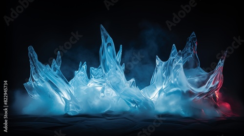 Abstract Ice Formation with Blue and Red Lighting in Misty Background