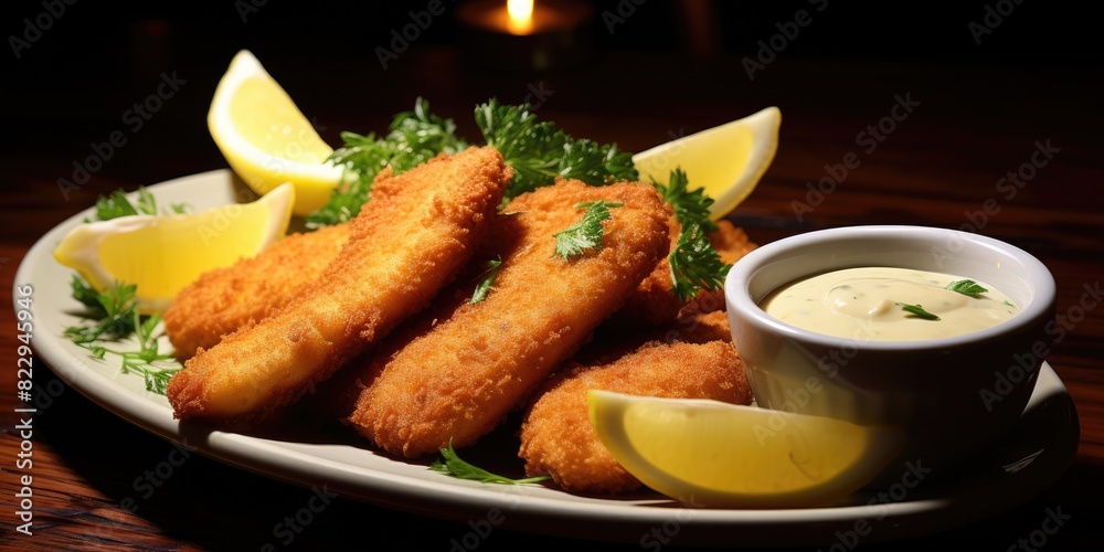 Fried fish sticks with lemon and sauces Fried fish sticks with lemon and sauces