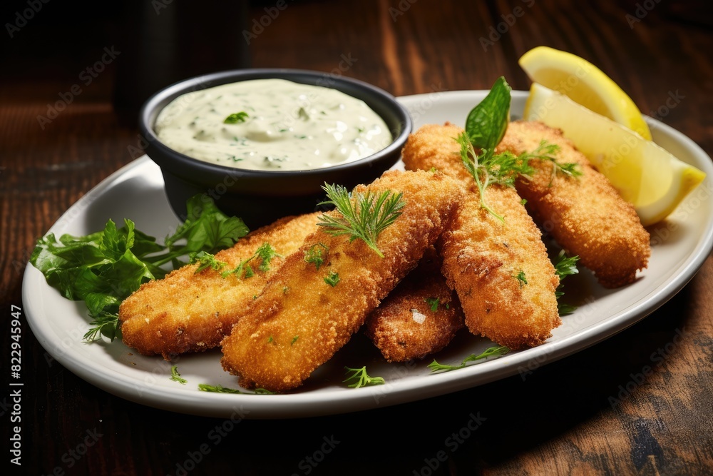 Fried fish sticks with lemon and sauces Fried fish sticks with lemon and sauces