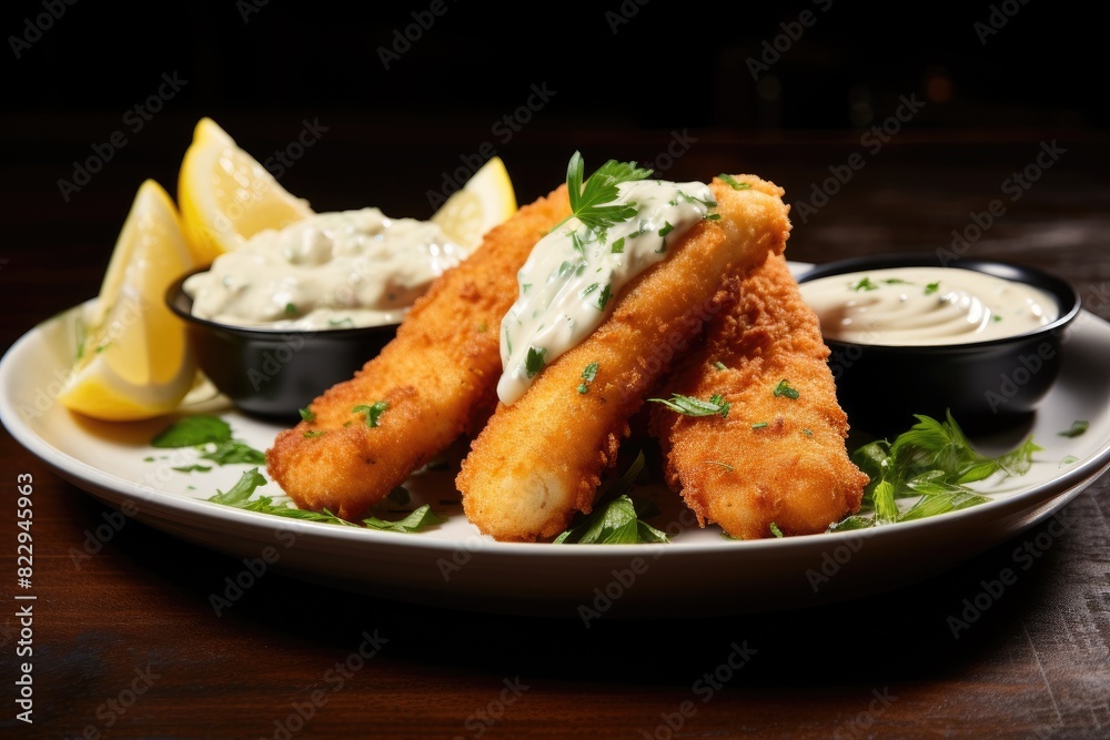 Fried fish sticks with lemon and sauces Fried fish sticks with lemon and sauces