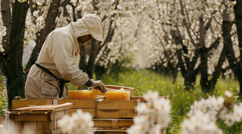 Beekeeper in protective suit inspecting a honeycomb frame amidst blooming trees Beekeeper in protective suit inspecting a honeycomb frame amidst blooming trees