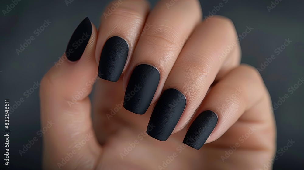 Hand with matte black manicure. Close-up studio photography. Beauty and personal care concept for design and print. Hand with matte black manicure. Close-up studio photography. Beauty and personal care concept for design and print.