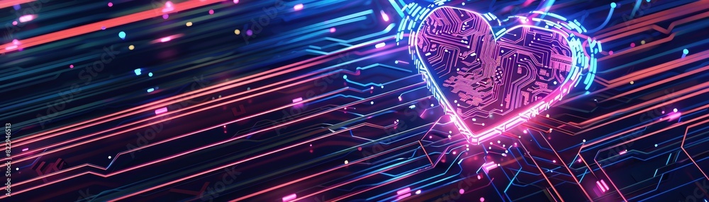 Digital background with vibrant neon hues and intricate heart-shaped circuits, evoking a feeling of love in a high-tech setting Digital background with vibrant neon hues and intricate heart-shaped circuits, evoking a feeling of love in a high-tech setting