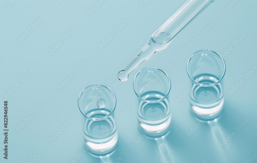 A closeup overhead shot shows three test tubes filled with clear liquid, and one drop being poured into the first tube from a dropper on top. The light blue background provides space for text or other A closeup overhead shot shows three test tubes filled with clear liquid, and one drop being poured into the first tube from a dropper on top. The light blue background provides space for text or other