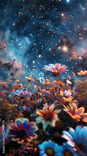 Celestial garden filled with cosmic flowers and starry skies, blending botanical beauty with a galactic backdrop