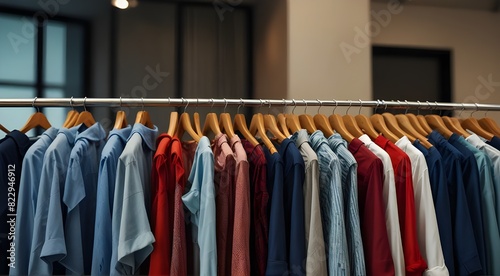 Wallpaper Mural boutique fashion racks Clothes store clothing shop shopping shirt rack background retail apparel style garment dress textile woman blue red hanger business market mall model closet hanging  Torontodigital.ca