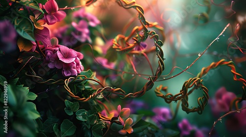 Botanical explosion with vibrant flora and spiraling vines, presenting a lush, dynamic plant world photo