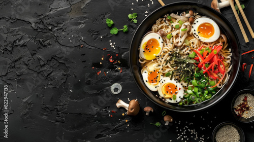 Japanese ramen with eggs, mushrooms and vegetables on a black background in a top view. Delicious food concept isolated on a dark concrete table. Asian cuisine.