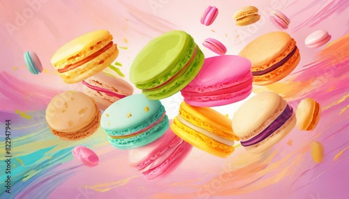 Various colorful of macarons floating in the air with motion blur pink background 