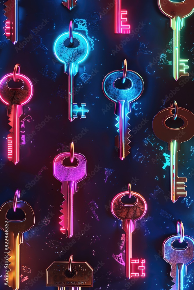 Radiant key background with a variety of neon-lit keys arranged dynamically, evoking a sense of mystery and access Radiant key background with a variety of neon-lit keys arranged dynamically, evoking a sense of mystery and access