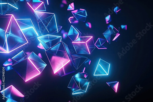 Futuristic background with glowing neon polygons in various shapes and sizes, scattered dynamically against a dark backdrop