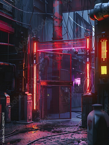 Neon-infused cyberpunk security gate with digital barriers and scanning lasers in a dark alley photo