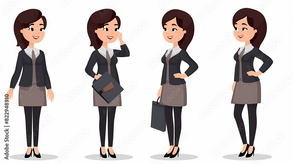 Set of businesswoman character vector design. Presentation in various action with emotions, running, standing and walking. People working in office planning, thinking and economic analysis Set of businesswoman character vector design. Presentation in various action with emotions, running, standing and walking. People working in office planning, thinking and economic analysis