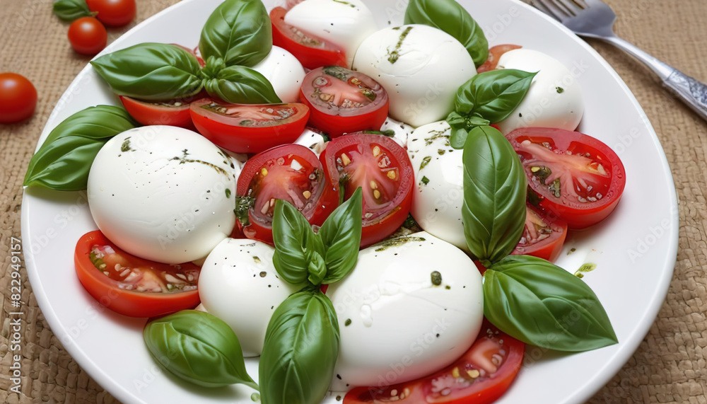 Delicious italian caprese salad with tomatoes, mozarella, basil leaves, olive oil. Tasty delicious burrata cheese with fresh tomatoes. Pesto sauce ingredients pine nuts. Generated AI
