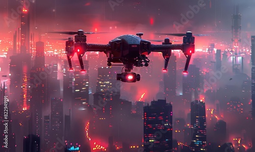 AIpowered drone, urban landscape, advanced surveillance, glowing neon lights, cyberpunk style, high resolution photo