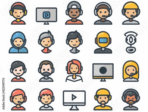 Set of various avatars and icons representing people with headsets, computers, and video symbols in a colorful flat design.