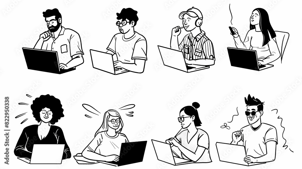 Set of black and white cartoon illustrations for freelancers Adults who have traveled far from isolated 2D cultures. Teleworking monochrome vector image collection