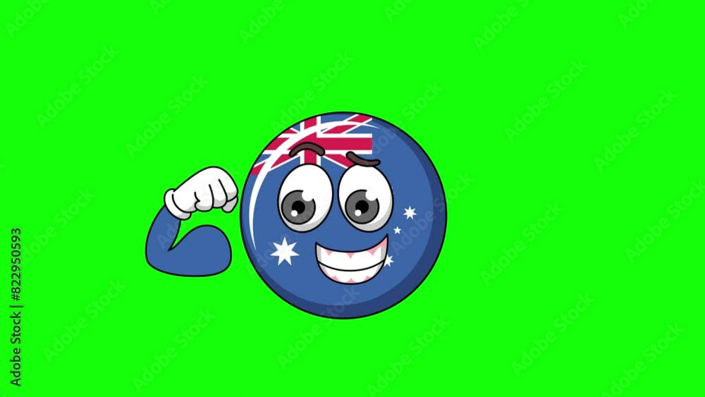 Flexing muscle of flag of australia cartoon, strong pose mascot animation on a green screen