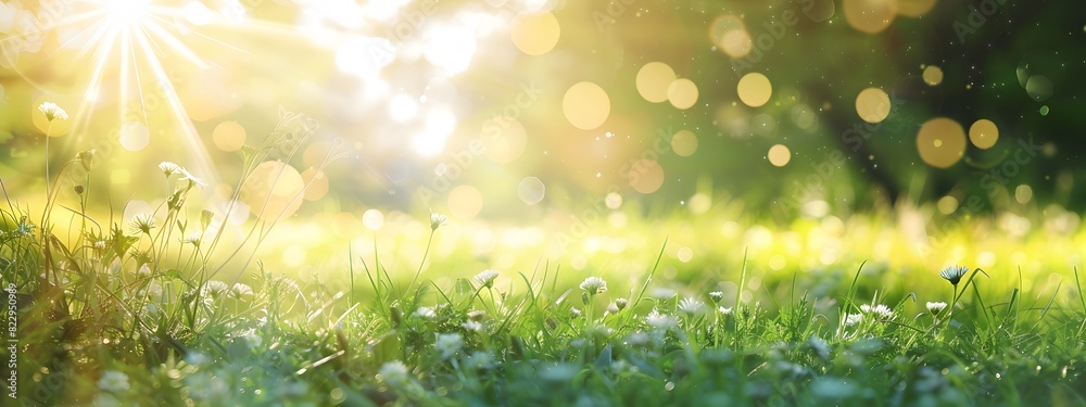 Obraz premium Beautiful Spring Nature Background with Sunlight and Green Grass