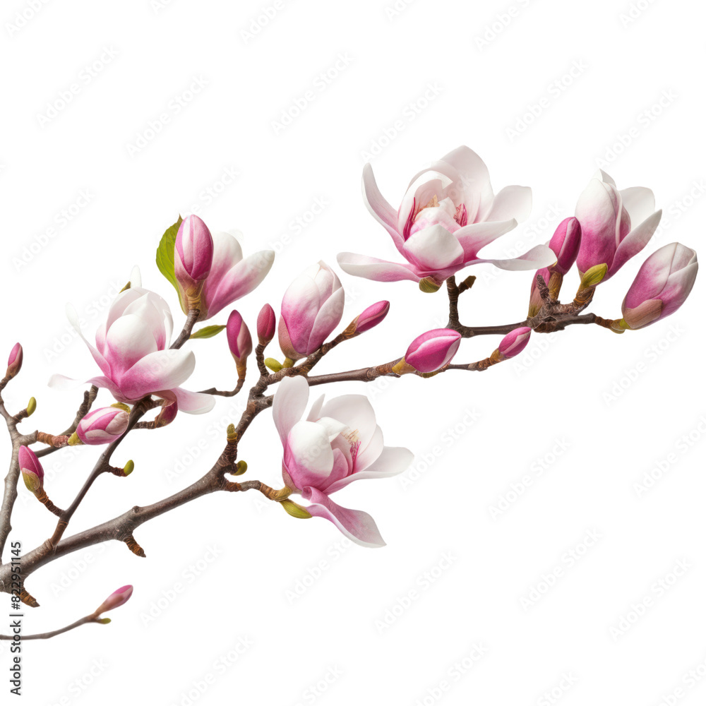Obraz premium Illustration of beautiful blooming magnolia branch with pink flowers. Floral decorative element on transparent background. PNG clip art element.