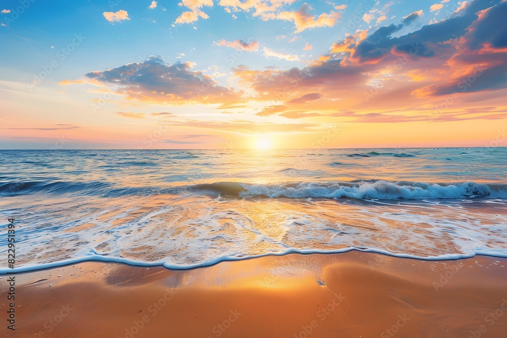 Beautiful sunset at beach with golden sand and waves