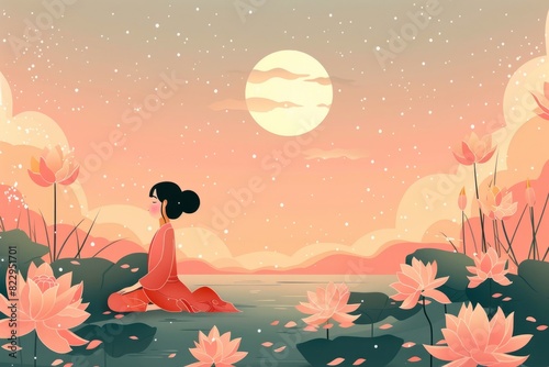 Illustration of a woman on a field with lotus flower