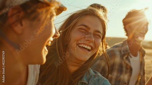 Three people are smiling and laughing together in the sun