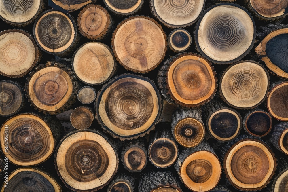 Wood stump background. Round felled tree with annual rings as wood texture - generative ai Wood stump background. Round felled tree with annual rings as wood texture - generative ai