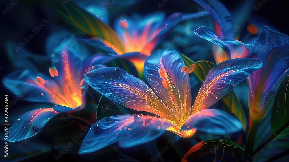 Obraz premium Bioluminescent plants, glowing in the dark, advanced biotechnology, vibrant colors, futuristic design, high resolution