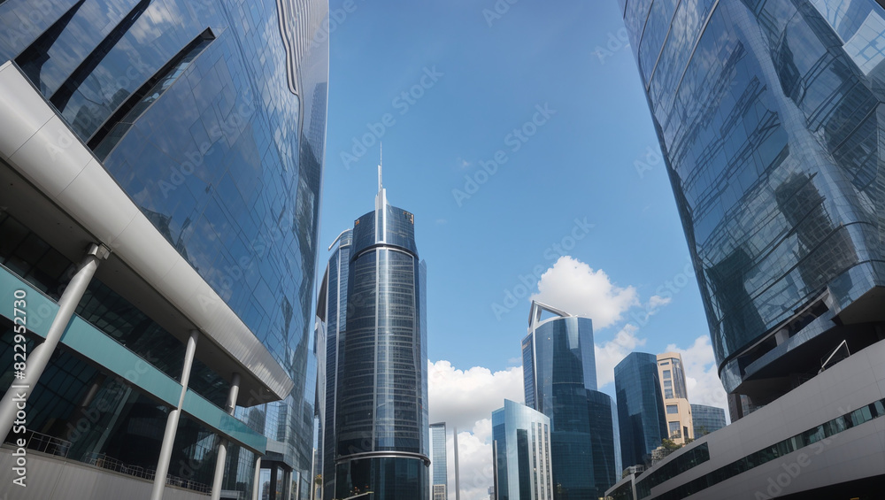 This is an image of a group of skyscrapers made of reflective glass, with a blue sky and white clouds in the background.

