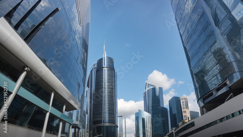 This is an image of a group of skyscrapers made of reflective glass  with a blue sky and white clouds in the background.  