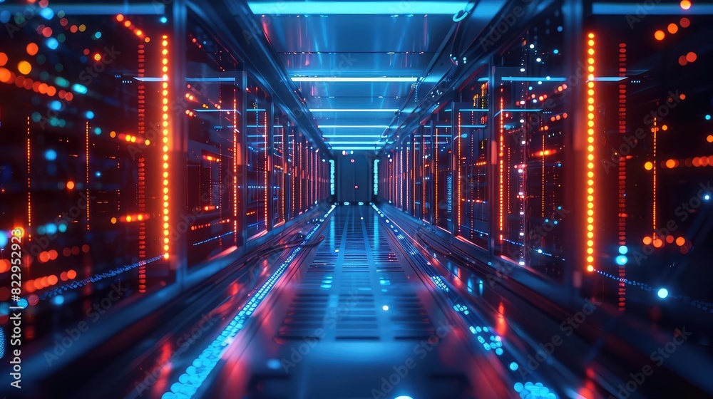 Blockchain data center, rows of servers, glowing blue lights, secure network, advanced technology, high resolution