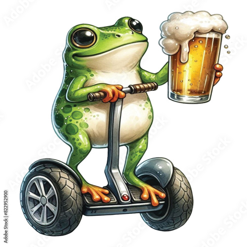 frog holding a beer glass stands on a Segway
